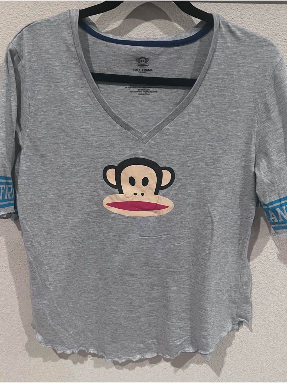 Paul Frank Light Gray V-Neck Monkey Logo Sleep Top with Blue Trim